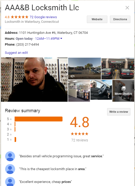 Screenshot of AAA&B Locksmith LLC's Google local listing at 1101 Huntingdon Ave, Waterbury, Connecticut.